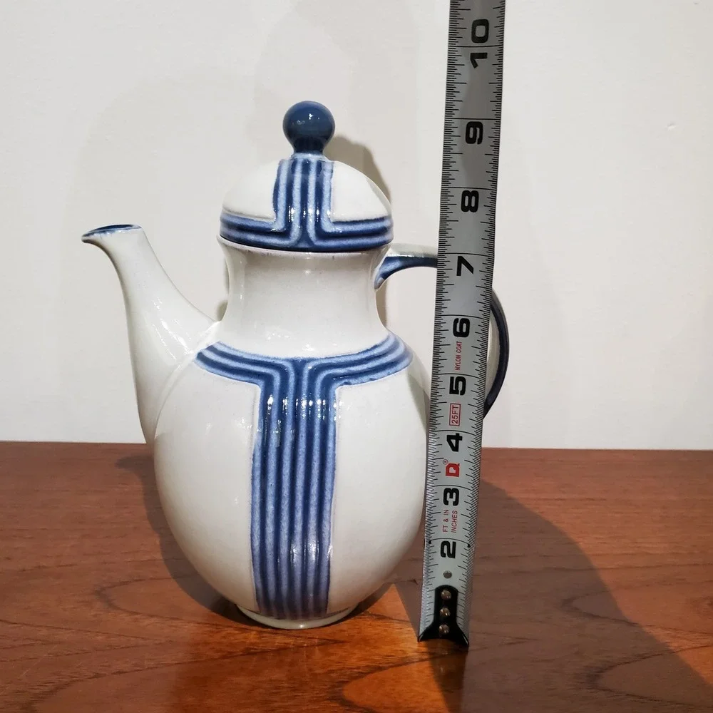 German Steingutzes Gutezeichen Ceramic Coffee Pot Blue and White Mid Century
